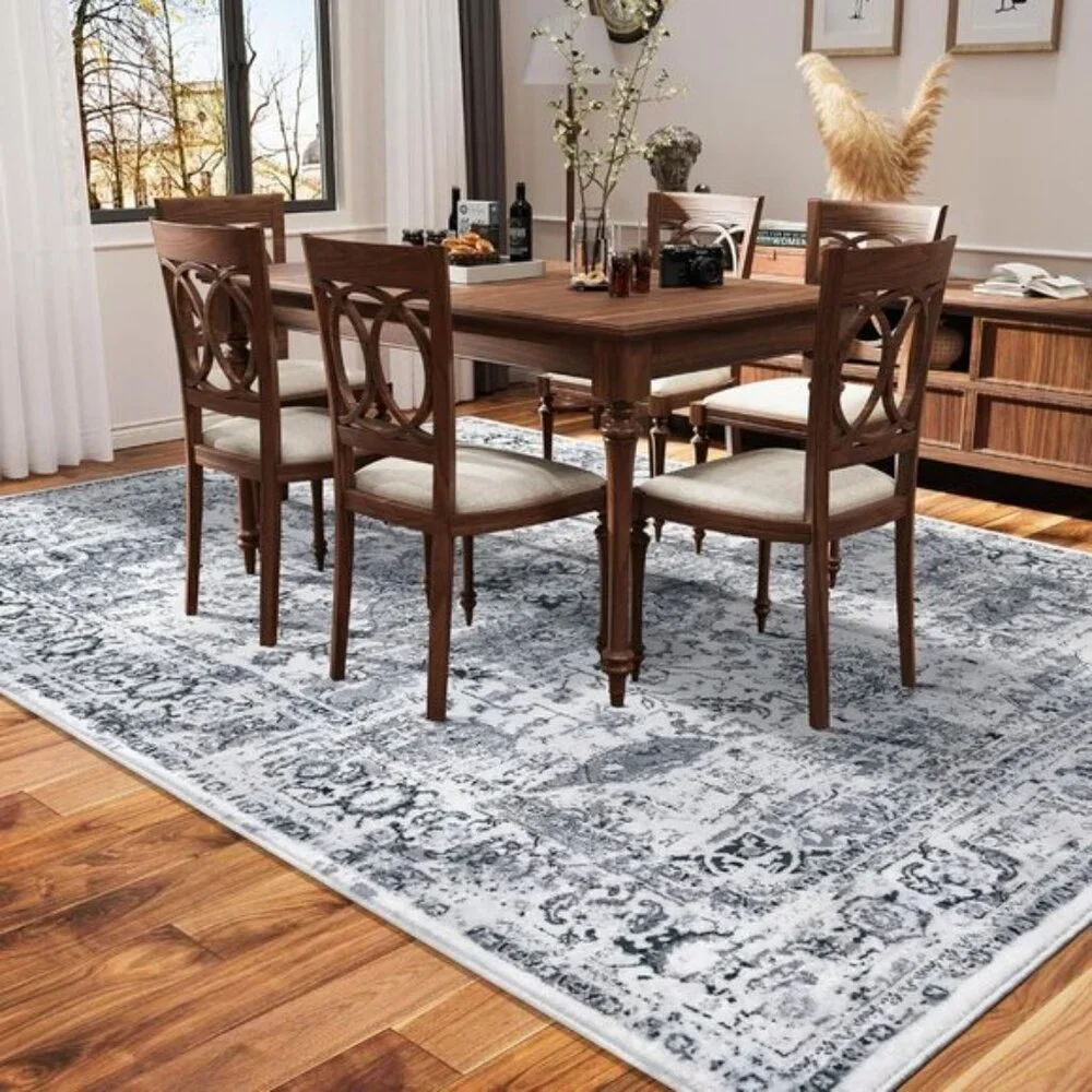 4x6 Grey Washable Area Rug, Soft Vintage Floral Low Pile Carpet for Room Decor